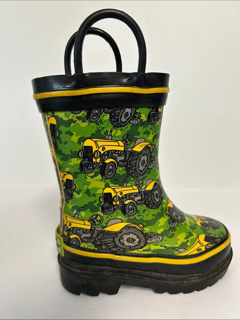 Western Chief Yellow Tractor Graphics Toddler Unisex Size 5/6 Pull-On Rain Boots